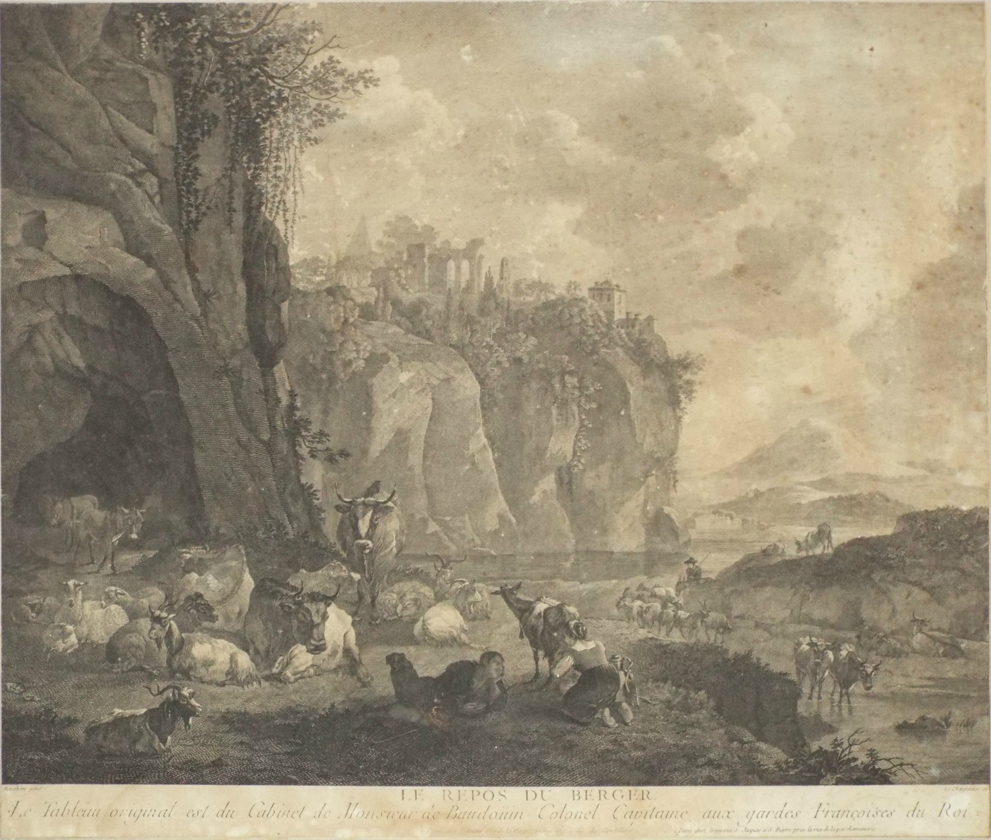 Etching - Le Repos du Berger. Le Tableau Original est du Cabinet de Monsieur de Baudouin Colonel Capitaine aux Gardes Francoises du Roi. - Le